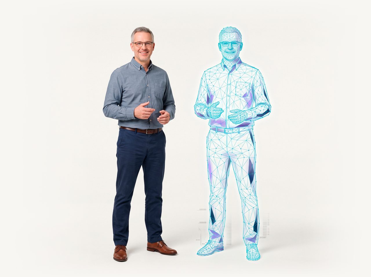 A man standing beside a translucent wireframe rendering of himself